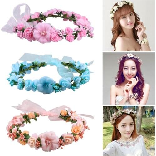 New Style Artificial Flower Floral Garland Wreth Headpieces with Ribbon Bride Bridesmaid Beach Wedding Party Hair Ornaments