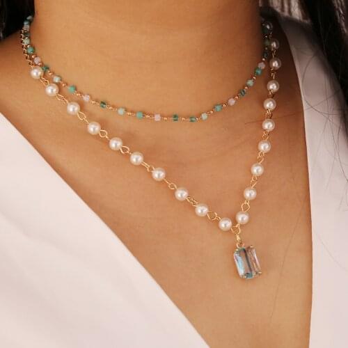 Bohemian Small Crystal Stone Choker Necklace for Women Glass Pendant Imitation Pearls Chain Necklaces Female Simple New