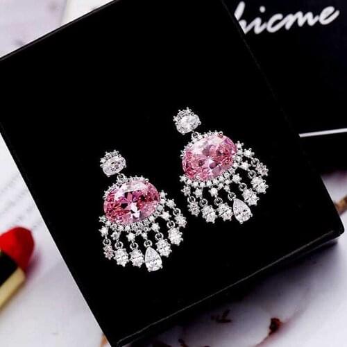 Pink/Clear Cubic Zircon Tassel Dangle Drop Earrings Women Female Big Crystal Rhinestone Fashion Wedding Earring Jewelry YEA062