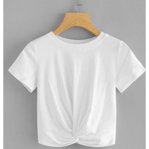Sexy Tops Women Casual Solid Color T Shirt Woman 2021 Twist Front Crop Tee O Neck Short Sleeve Ladies Clothing For Summer