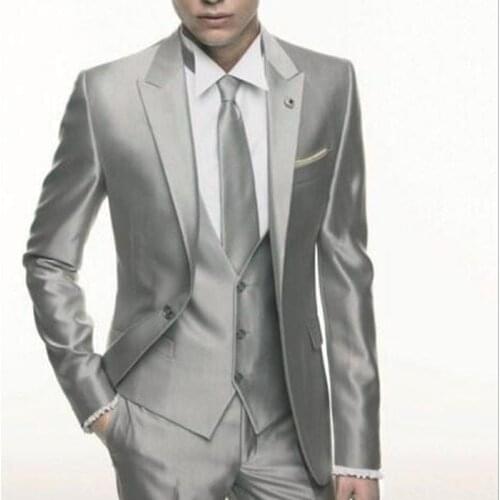 Silver Grey Satin Wedding Men Suit 2020 Formal Skinny Stylish Male Blazer Party Custom Tuxedo 3 Piece Vestidos suits for men