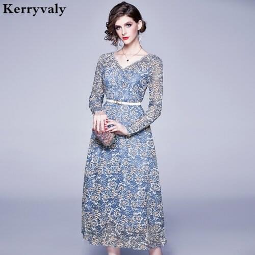 Spring Women Long Sleeve Blue Lace Dress Vestidos Casual Mujer 2021 Large Swing Midi Party Dress Glamaker Moda Feminina K6308