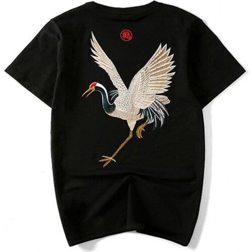 Chinese Style Brand Clothing women Crane Heavy Embroidered Short Sleeve Cotton T Shirt Casual Harajuku Tshirts Loose Hip Hop