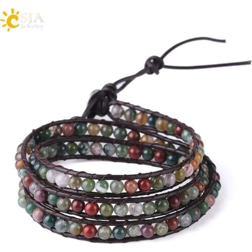 CSJA Triple Leather Bracelet Natural Stone Beads Indian Agates High Quality Boho Wrap Bracelets for Women 7mm Width Bangle S180