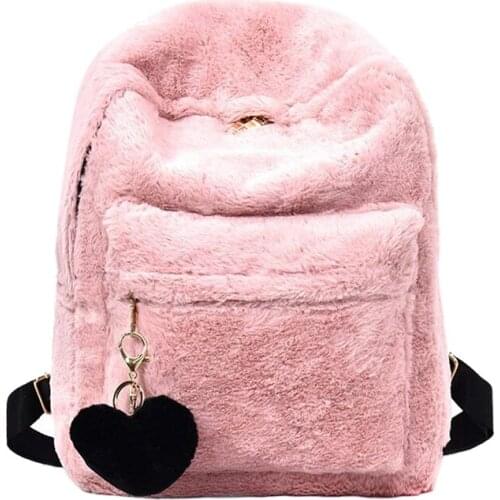Women Soft Faux Fur Plush Backpack Shoulder Bag Fluffy School Bag with Heart Pendant (Pink)