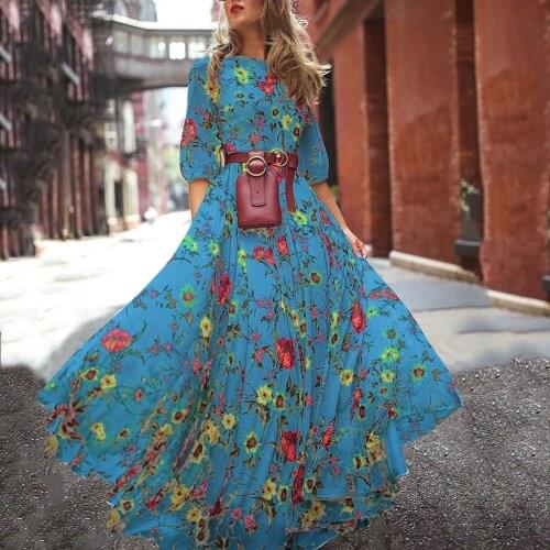 Women Bohemian Printing Flower Long Dress Long Sleeve O Neck Loose Dress Office lady Beach Vacation Dresses Clothing