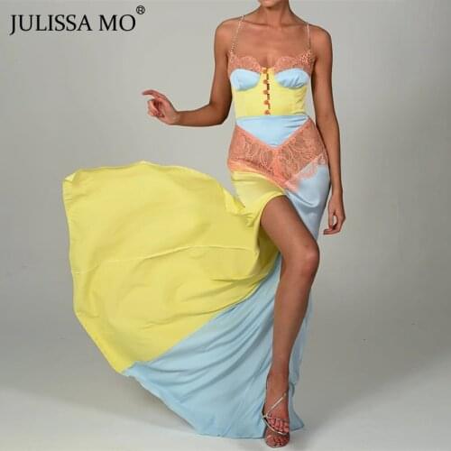 JULISSA MO Fashion Lace Patchwork High Split Long Dresses Women Crystal Spaghetti Strap Sexy Party Dress Ladies Elegant Vestidos