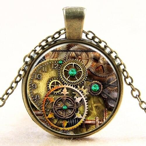 2017 Hot Selling Unisex Retro Punk Watch Movement Gear Pattern Cabochon Glass Pendant Necklace