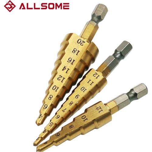 ALLSOME Step Drill Bit 3-12mm 4-12mm 4-20mm HSS Straight Groove Titanium Coated Wood Metal Hole Cutter Drilling Power Tools Set