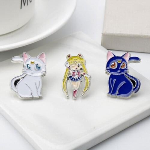 Anime Cartoon Star-Moon Brooch Pin Cute Blue Black Luna Cat Brooches Pins Badges Women Gilrs Broche Jewelry Gift