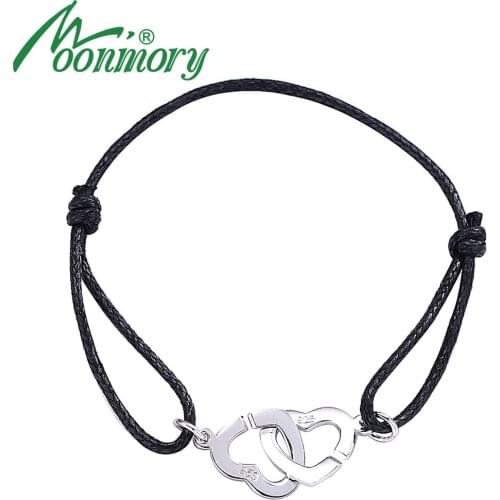 Moonmory Heart Shaped 925 Sterling Silver Double Coeurs Bracelet For Women And Men With Black Rope Adjust Bracelet Wholesale