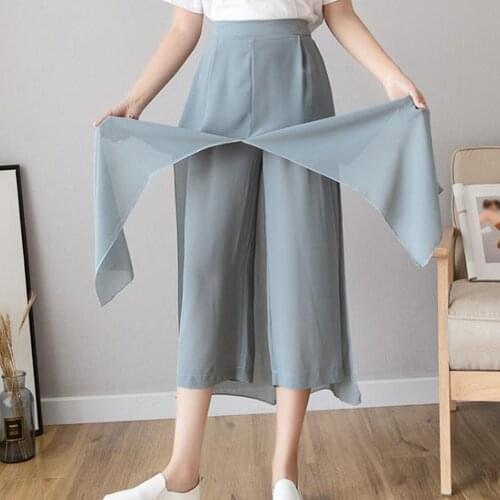 Women Summer Wide Leg Skirt Pants Plus Size Loose Capri Pant High Waist Casual Thin Chiffon Trouser Palazzo Boho Dance Pants