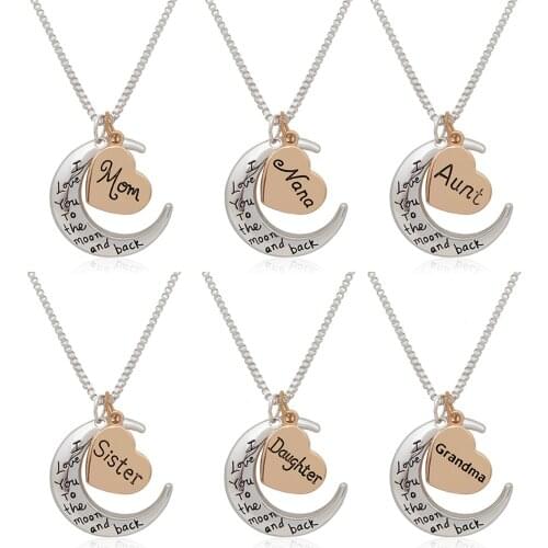 1 Piece Stainless Steel Necklace Half Moon Heart Mom Sister family Pendant Neckalce Jewelry Gifts For Relatives 45cm long
