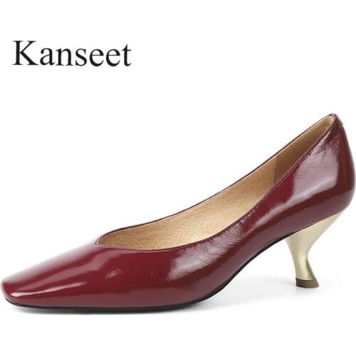 Kanseet Special-Shaped Heels Genuine Leather Mid Heels Women Pumps 2021 Spring Autumn Concise Office Party Wedding Woman Shoes