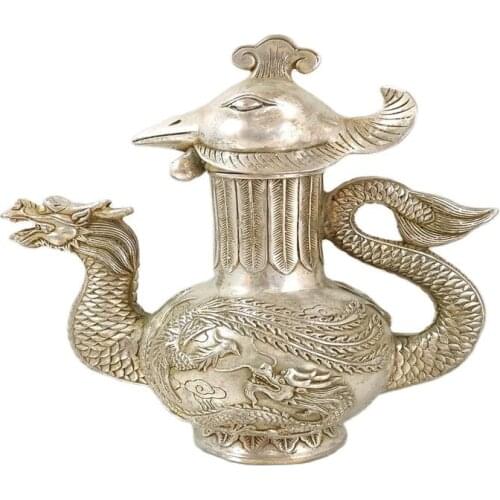 Chinese antique bronze silver - plated dragon - phoenix pot furnishings