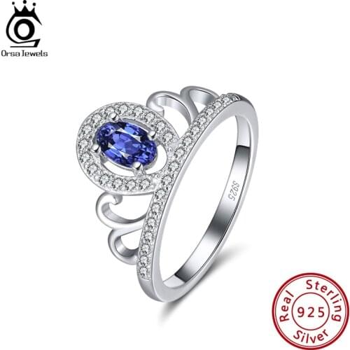ORSA JEWELS Elegant Queen Crown Rings 925 Silver Elegant Blue Zircon Rings Newest Genuine Ring Party Queen Fine Jewelry SR198