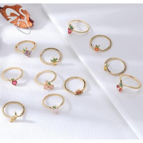 ZS 1 PC Colorful Zircon Ring For Women Girls Cute Strawberry Cherry Grapes Pattern Finger Ring Gold Color Chic INS Jewelry Gift