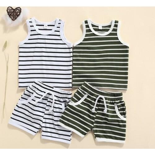 0-3Y Kids Baby Boys Summer Cotton Outfits 2pcs Striped Print Sleeveless Tanks Tops + Elastic Waist Shorts Casual Tracksuits Sets