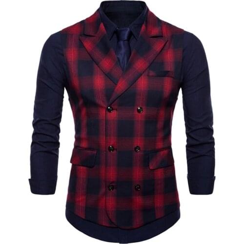 Vests Men 2021 Spring and Autumn High Quality Mens Checkered Double Breasted Slim Business Casual Suit Waistcoat
