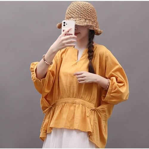 V-neck Solid Color Fashion Women T Shirts Loose Tops Cotton Linen Vintage Summer T Shirt Plus Size Women Casual T-shirts Tees