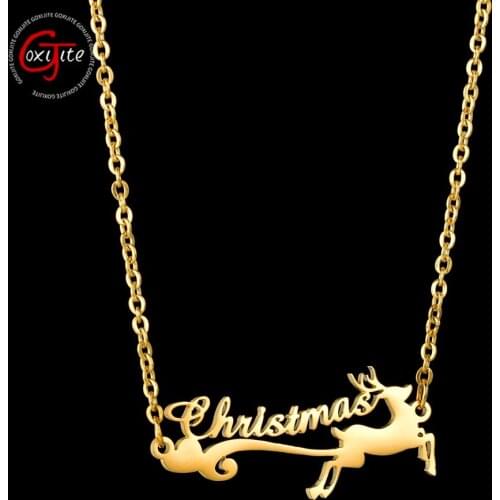 Goxijite Personalized Merry Christmas Cap Deer Name Necklace For Kid Children Stainless Steel Custom Nameplate Necklaces Gift