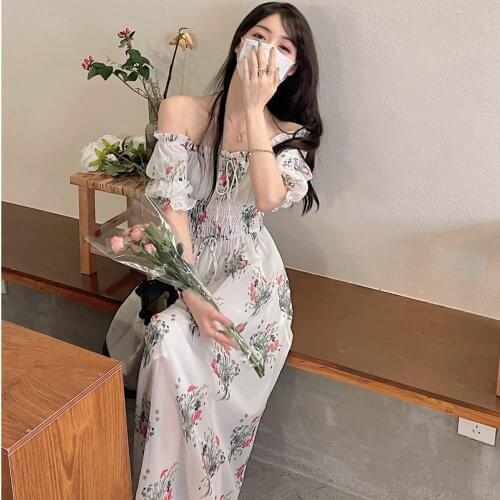 Dress French One-word Bow Tie Short-sleeved Floral Dress Female Summer New Korean Style High Waist Slim Dress
