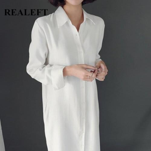 REALEFT Spring Summer 2021 New Oversize White Women Shirts Dresses Casual Loose Fashionable Vintage Single Breasted Female Dress