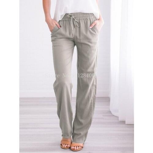 Summer Womens Cotton Linen Drawstring Loose Wide-Leg Pants Hot Sale Long Trousers With Pocket WDC4496