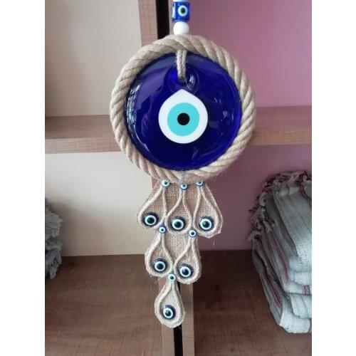 Glass Blue Evil Eye Handmade Hanger With Linen Yarns