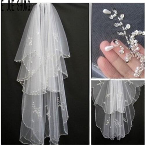 E JUE SHUNG Short Beaded Edge Wedding Veils for Bride Two Layer Bridal Veil Wedding Accessories Marriage