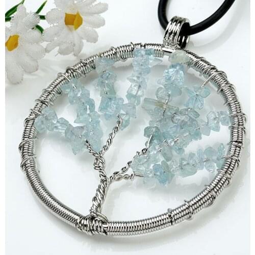 Trendy-beads Wisdom Silver Plated Blue Aquamarines Wire Wrapped Tree of Life Round Pendant Fashion Jewelry