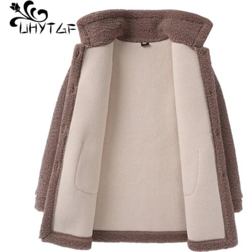 UHYTGF Lambswool Autumn Winter Fur Coat Women Thick Warm Jacket Medium-Length Elegant Mother Casual Loose Plus Size Outwear 1396