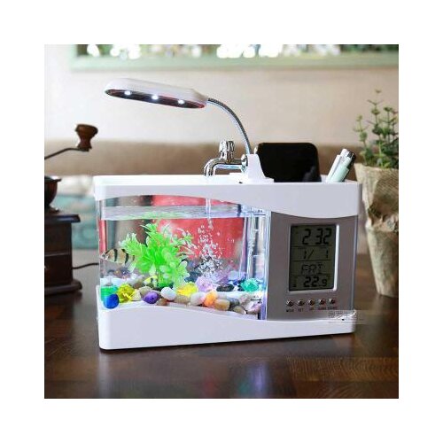 USB Desktop Mini Aquarium Fish Tank Aquarium with LED Light LCD Display Screen and Clock Fish Tank Decoration