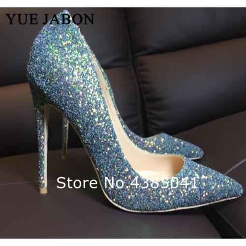 YUE JABON Real pictures Blue glitter bling pu leather pointed toe 12CM 10cm 8cm women lady girl sexy high heel shoes pumps