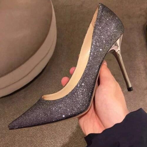Celebrity Sexy Silver Pointy Toe 10CM High Heels Stiletto Ladies Dress Pumps Slip-on Banquet Glitter Bridal Party Wedding Shoes