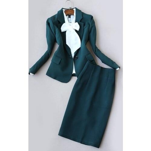 Office Lady Business Casual One Button Suit Blazer Skirt One Set Elegant Green Blazer Jacket + Bud Skirt