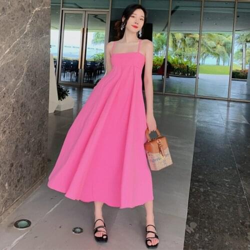 Summer Vintage Solid Sleeveless Maxi Party Birthday Dress Ladies Elegant Streetwear Casual Sexy Strap Beach Vacation Dress Robe