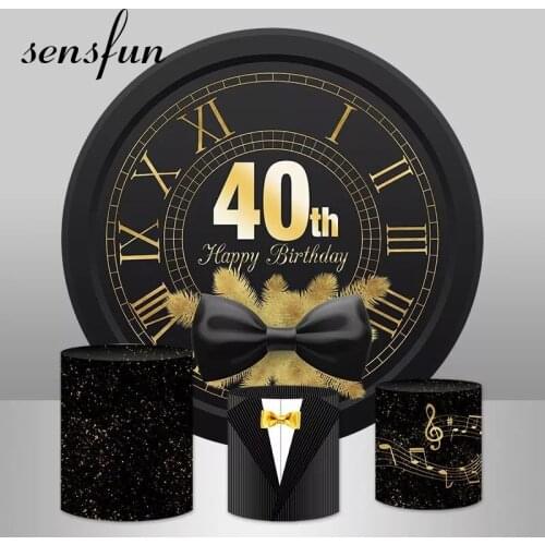 Round Circle Gentleman Happy 40th Birthday Party Photography Backdrop Gold Black Suits Tie Adult Backgrounds Cylinder Covers