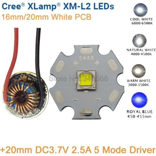 CREE XML2 XM-L2 T6 10W Cool White Neutral White Warm White High Power LED Emitter 20mm PCB White + 12V Input 20mm 5 Modes Driver