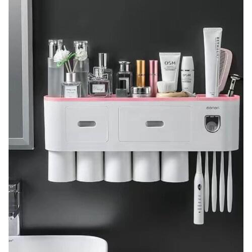 Magnetic Adsorption Inverted Toothbrush Holder Double Automatic Toothpaste Squeezer Dispenser Storage Rack Bathroom Accessories