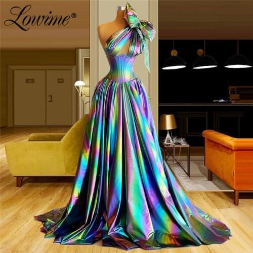 Lowime One Shoulder Bow Long Prom Dresses 2021 Customized Celebrity Dress A Line Shiny Party Gowns Robe De Soirée De Mariage