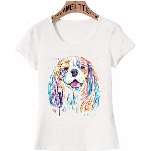Cavalier King Charles Spaniel Colorful Watercolor T-Shirt Fashion Women Short Sleeve Cute Girl Casual Tops Funny Dod Design Tees