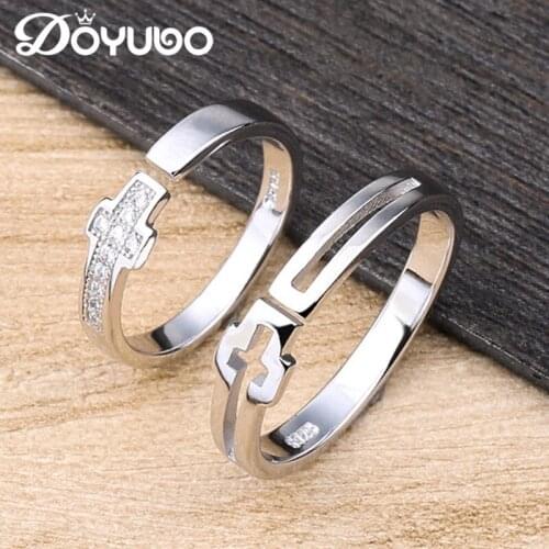 DOYUBO Adjustable Size 925 Sterling Silver Couples Rings For Men&Women Cross Shape Cubic Zirconia Lover Ring Fine Jewelry VB357