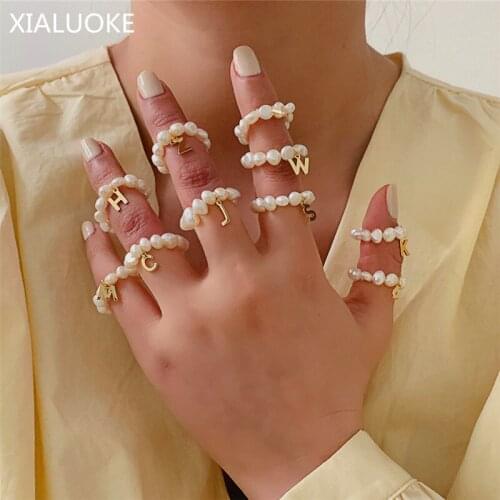 XIALUOKE Letter Pendant Elastic Line Beaded Baroque Freshwater Pearl Ring For Women Trendy Elegant Index Finger Rings Jewelry