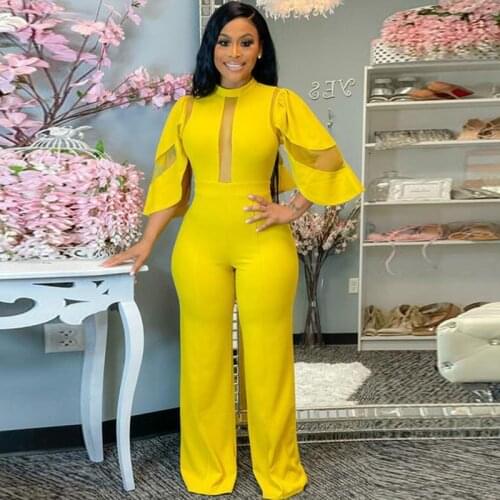 Sexy Mesh Sheer Patchwork Wide Leg Jumpsuit Women Elegance High Waist Rompers Womens Overalls Night Party Club Birthday Outfits