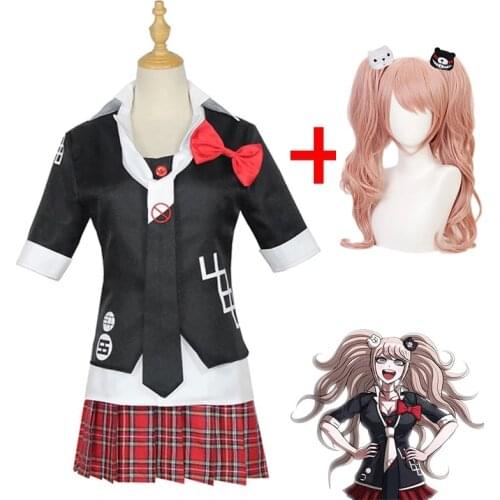 Anime Danganronpa Cosplay Costume Enoshima Junko Uniform Cafe Work Clothes Short Skirt Double Tail Braid Wig