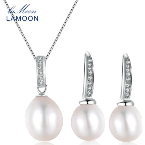 LAMOON Round Pearl 7.2ct 100% Natural Freshwater Pearl 925 Sterling Silver Jewelry S925 Jewelry Set V020-1