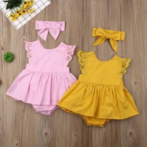 Citgeett Summer Solid Sweet Newborn Baby Girl Clothes Headband Fly-Sleeve Tutu Skirt Bodysuit Outfit