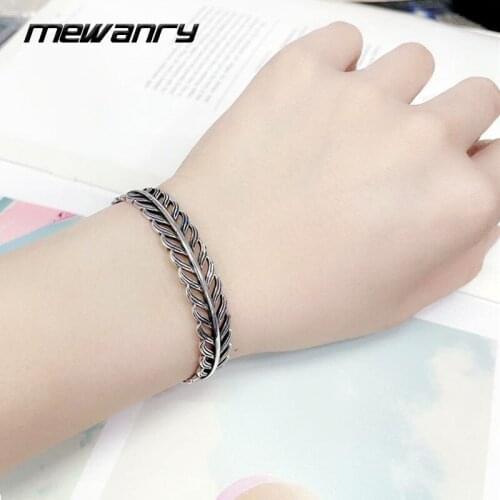 Mewanry 925 Sterling Silver Bracelet Jewelry for Women Trend Vintage Creative Hollow Leaf Feather Accessories Gifts Adjustable