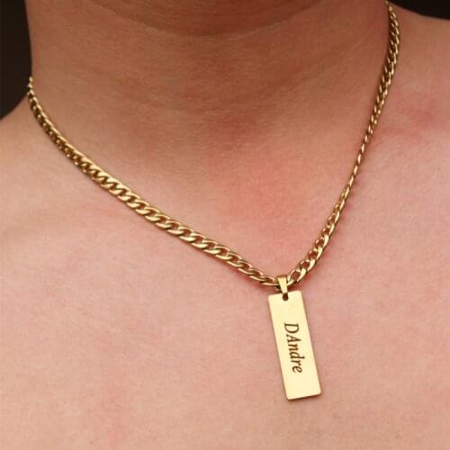 Custom Engrave Name Pendant Necklace Stainless Steel Vertical Bar Charm Colar BFF Jewelry Curb Chain Personalized Necklaces Men